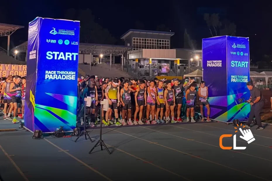 A group of runners is ready for the start of the International Marathon Palawan 2026, with Royce Outerwear Prints as the official supplier of running singlets and running gear.